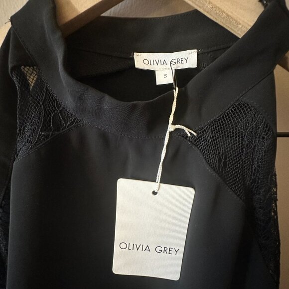 Women's S NWT Olivia Grey Black Lace Cold Shoulder Blouse Mock Neck - Picture 8 of 10
